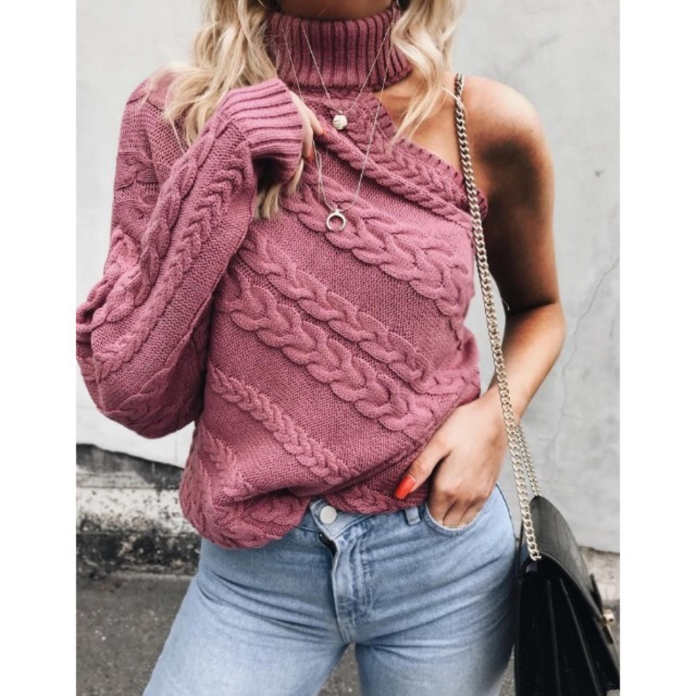 One-Shoulder Cable Knit Turtleneck Sweater - Pink